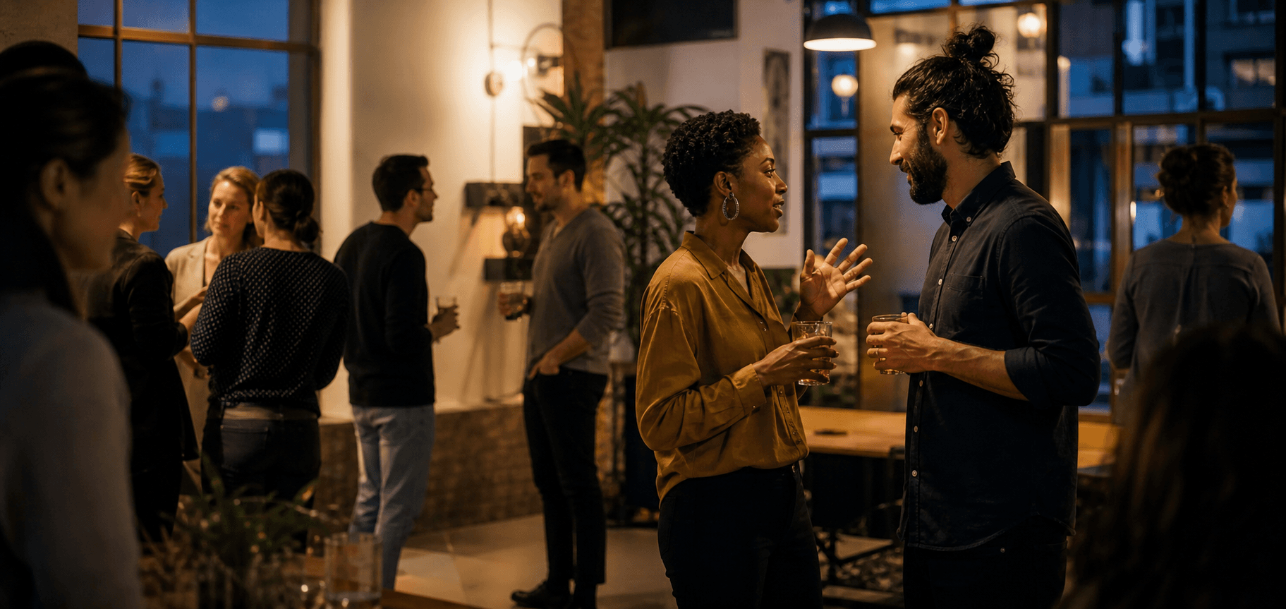 Two entrepreneurs discovering a meaningful connection at a founder gathering