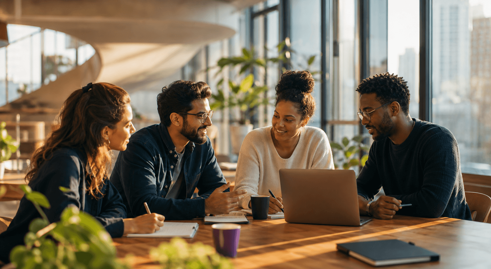 A diverse group of founders collaborating in a sunlit studio