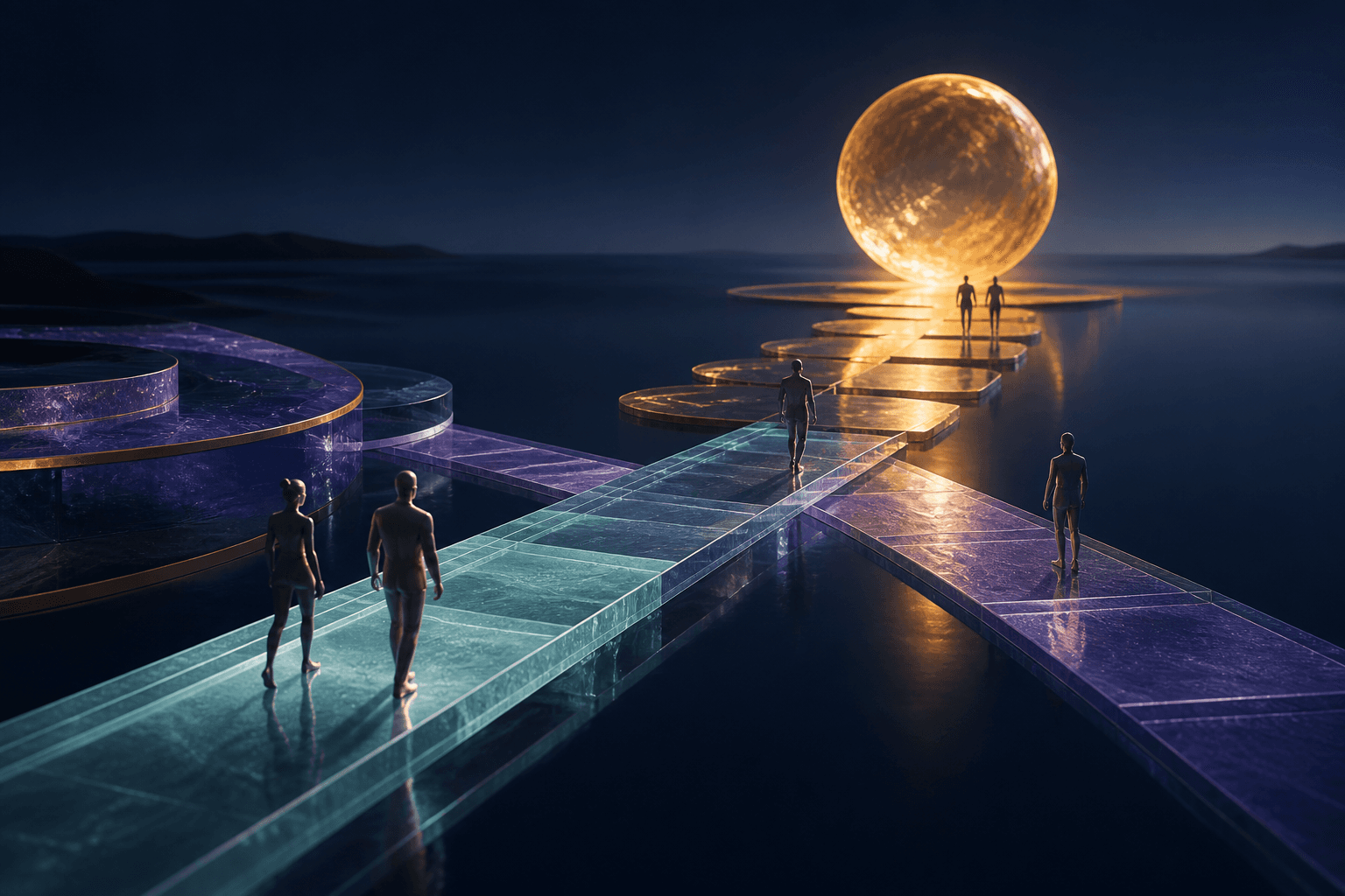 Artistic illuminated pathways converging toward a shared opportunity